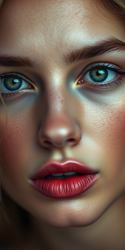 Close-up portrait of a woman with striking green eyes and full lips, soft dramatic lighting to highlight facial features, shot with a Canon EOS R5, 85mm lens, aperture f/1.2, ISO 100, portrait mode, shallow depth of field for a smooth background blur, natural skin tones and enhanced detail in eyes.