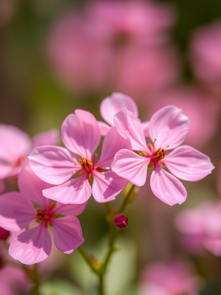 macro shot of delicate pink flowers with soft focus background, aperture f/2.8, shutter speed 1/200 sec, ISO 100, 50mm lens, DSLR camera, natural lighting
