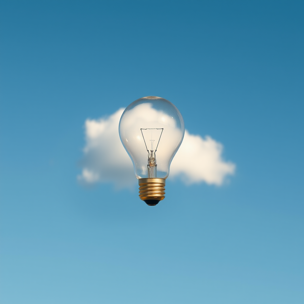 create an image of a transparent light bulb floating in a clear blue sky with a single fluffy white cloud, use a DSLR camera with a 50mm lens, aperture f/2.8, shutter speed 1/1000s, ISO 100, natural daylight, high dynamic range for enhanced brightness and clarity