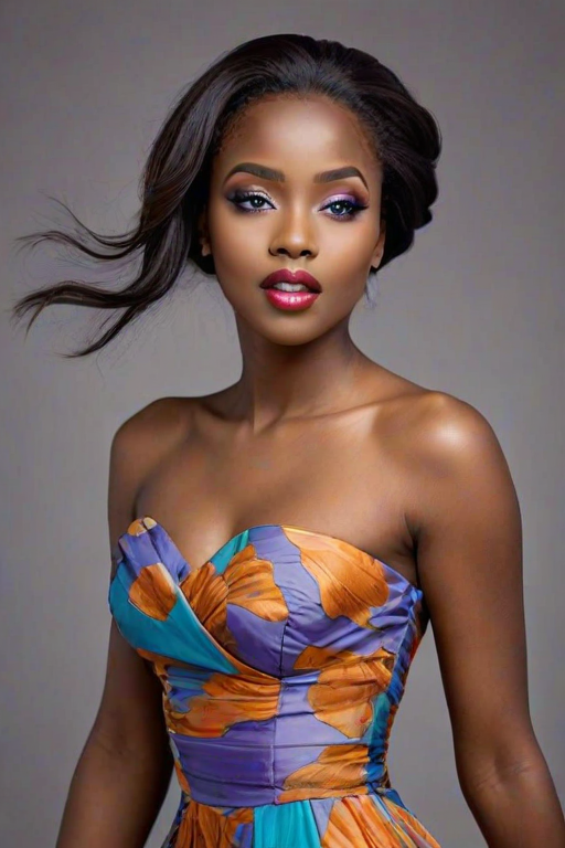 Photographic image of a beautiful young Hausa woman, cyan eyes, lips with orange lipstick, long hair fluttering in the wind and wearing a silk strapless dress with a soft purple and orange print. monochrome image with only color highlights in the iris of the eyes, lipstick and dress. Gray background.