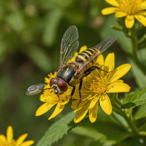 a close-up of a colorful hoverfly feeding on bright yellow flowers in a lush green garden setting