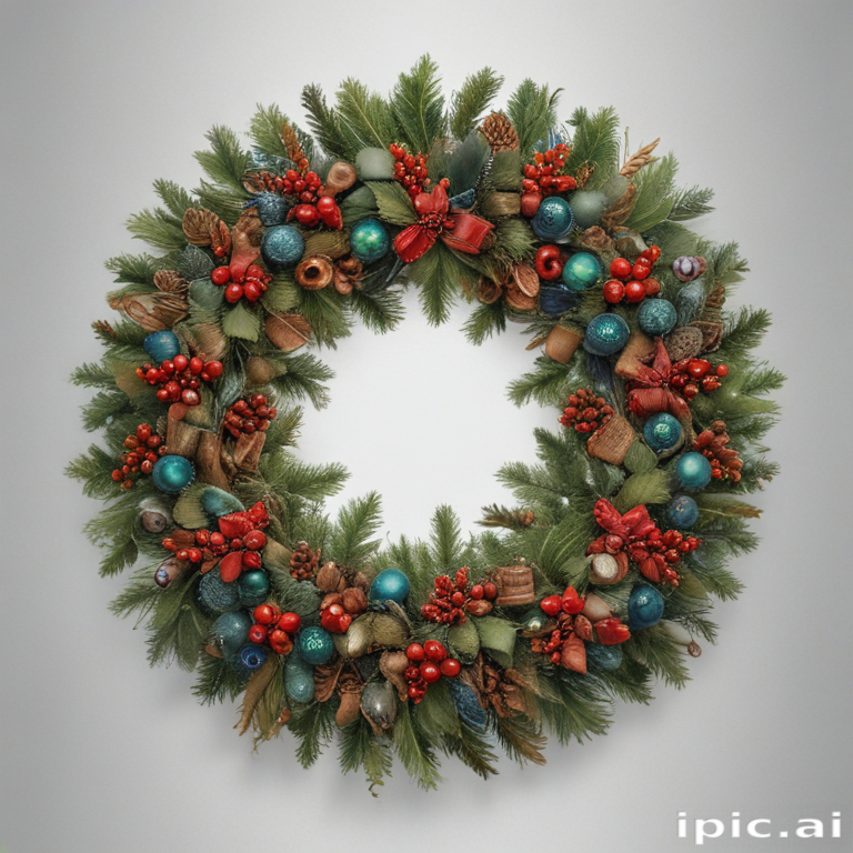 Beautifully Decorated Holiday Wreath with Red Berries and Blue Ornaments