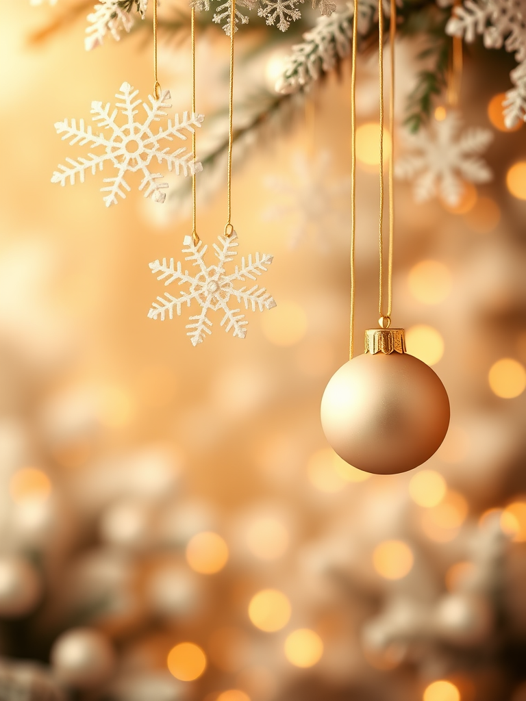 Create a festive winter background featuring soft golden tones with hanging white snowflakes and ornaments. Include a gentle bokeh effect to enhance the dreamy atmosphere, making it perfect for a holiday theme.