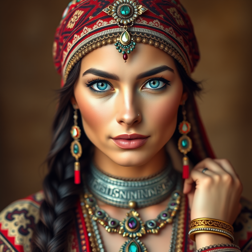 Create a portrait of a beautiful First Nations woman with striking blue eyes and a gentle expression. She is adorned in traditional attire with intricate patterns, including a richly embroidered headscarf and matching garments. Her jewelry includes a delicate headpiece, dangling earrings, and ornate bracelets, all featuring vibrant gemstones and detailed metalwork. The background is soft and warm, enhancing the rich colors of her outfit and jewelry.