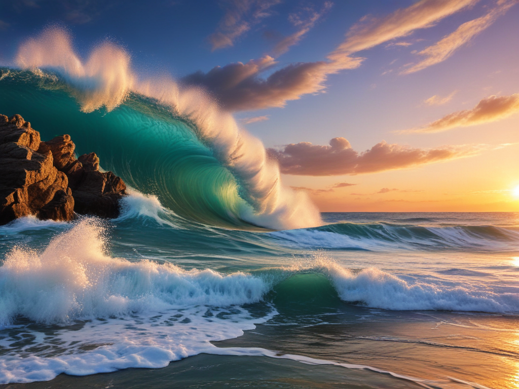 Majestic Ocean Wave Crashing Against Rocks Under a Stunning Sunset Sky