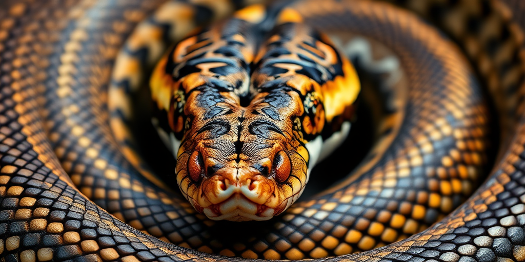 A highly detailed close-up of a coiled snake with realistic textures and patterns, showcasing its vibrant eyes and intricate scales, shot with a Canon EOS R5, 85mm lens, aperture f/1.8, ISO 100, in natural lighting to enhance image quality and background blurred.