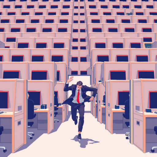 Create an illustration of a person in business attire running away from a massive cluster of identical cubicles, each occupied by a seated individual at a computer, use a vibrant color palette, focus on a minimalist style, set the camera to 50mm focal length, aperture f/8, and a high dynamic range to enhance image clarity.