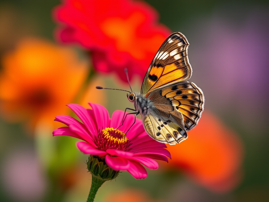 macro shot of a butterfly resting on a vibrant flower with soft background bokeh, f/2.8 aperture, 1/200 sec shutter speed, ISO 100, 50mm lens, natural lighting, DSLR camera.