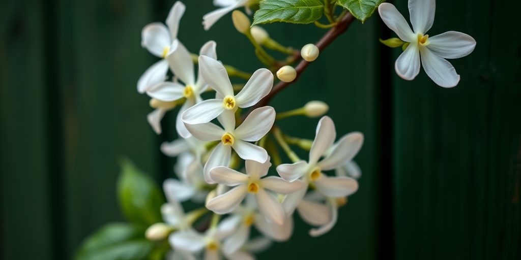close-up of blooming jasmine flowers on a vine with a dark green wooden background, natural light, aperture f/2.8, ISO 100, 50mm lens, DSLR camera, shallow depth of field, soft focus on flowers