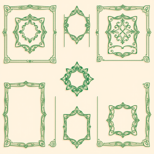 create a high-resolution vector image of intricate green line art decorative frames in a grid layout with soft beige background, using a Canon EOS R5 camera, aperture f/8, ISO 100, 50mm lens, overhead view, macro photography style for enhanced detail and clarity