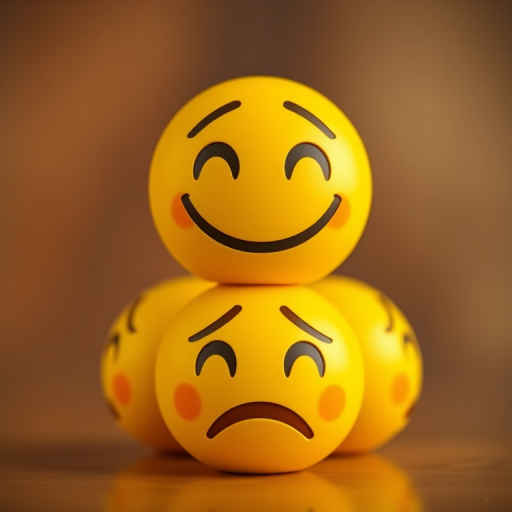 Create a high-resolution image of three stacked yellow emoji faces with expressive eyes and mouths showing happiness, confusion, and sadness, using a Canon EOS R5 with a 50mm f/1.2 lens, shoot from a front view with soft focus background for depth, capturing vibrant colors and smooth gradients.