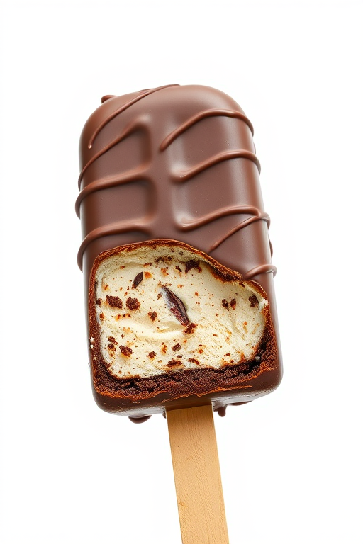 Create a hyper-realistic image of a chocolate-covered ice cream bar with a bite taken out of it, shot with a Canon EOS R5 at f/4, ISO 100, 1/200 sec, using a macro lens, focus on texture and detail, set against a plain white background for contrast.
