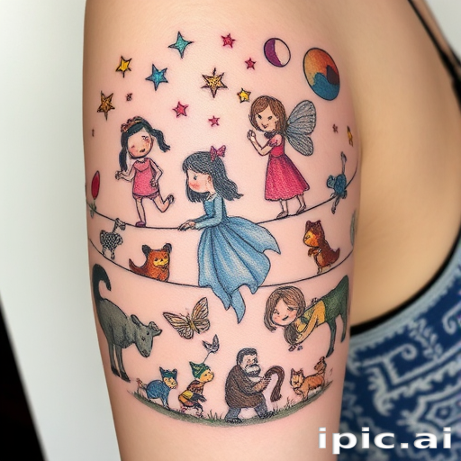 Illustrative tattoo called "Storybook Skin" depicting whimsical scenes and characters from fairy tales and folklore with a hand-drawn quality and soft color palette