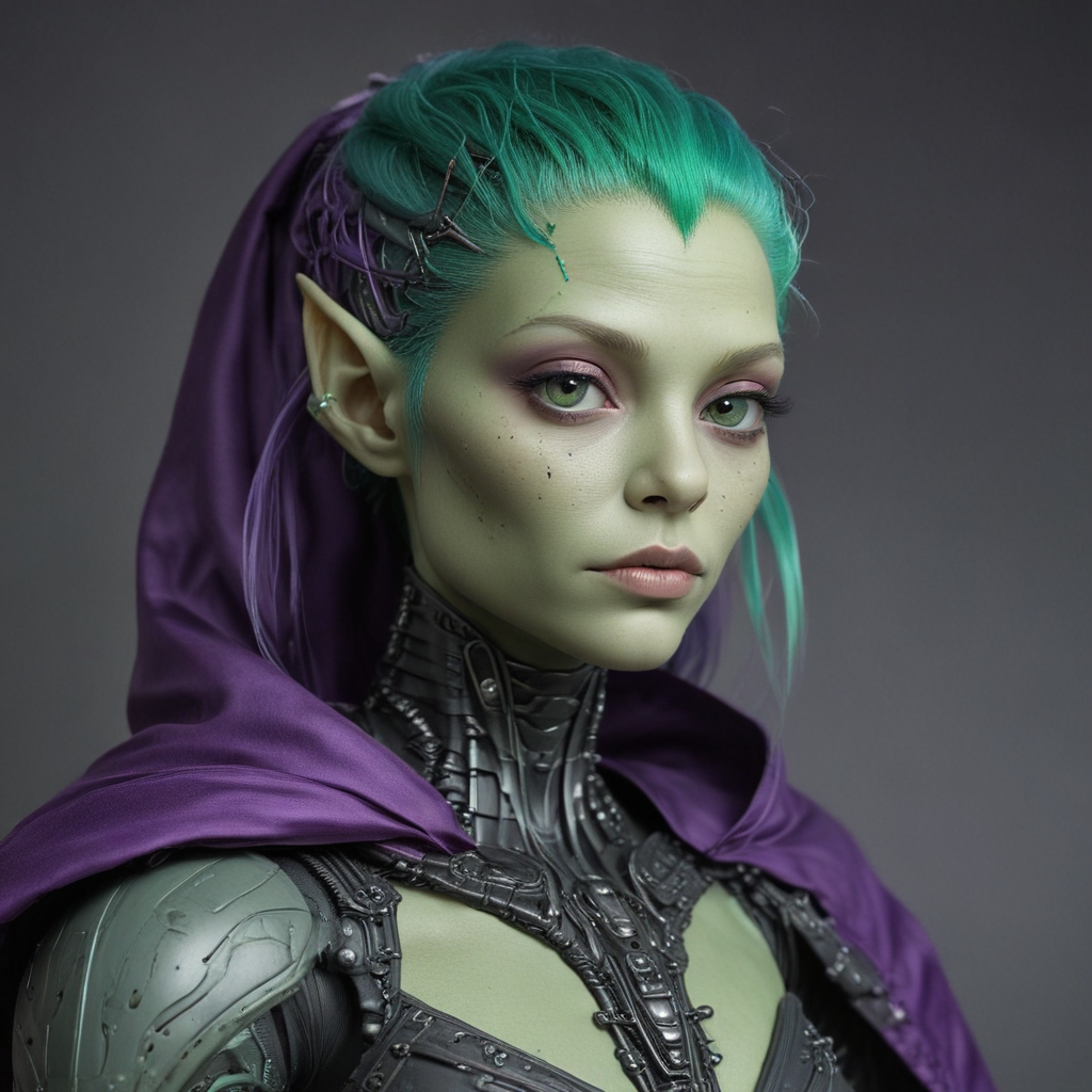 Borg alien cyborg with green hair and purple cloak
