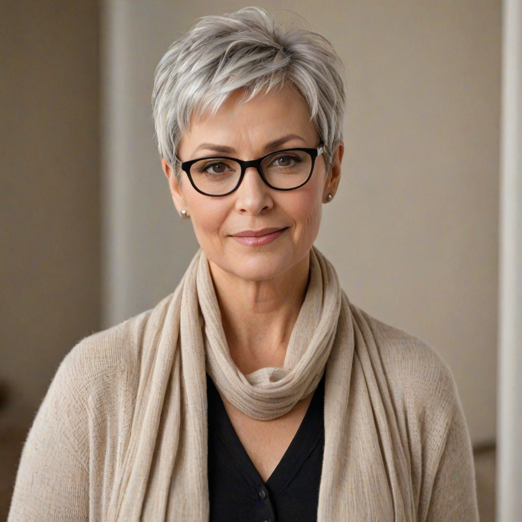 Portrait of a mature woman with short silver hair, styled in an asymmetrical pixie cut with side bangs. She wears black-framed glasses and a beige blouse with a white cardigan over it, as well as a bulky scarf in neutral tones. The woman is indoors with soft lighting and a blur in the background. Her expression is serene and confident, highlighting her elegance and modern style.