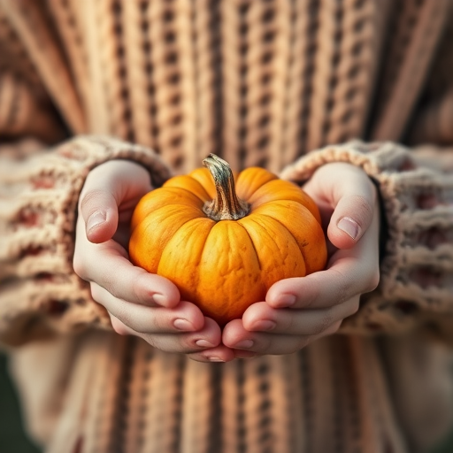 A person holding a small pumpkin in their hands, wearing a cozy knitted sweater, close-up shot, soft natural lighting, DSLR camera, aperture f/2.8, ISO 100, focal length 50mm, shallow depth of field, warm color tones.