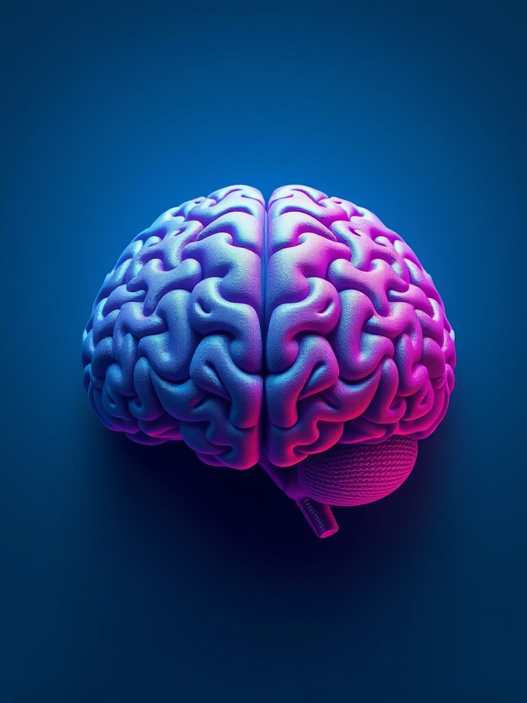 Create a highly detailed digital illustration of a stylized brain design with intricate patterns and a gradient from purple to blue, shot with a Canon EOS R5 at f/8, 1/125s, ISO 100, top-down view, soft focus style, high-resolution rendering.