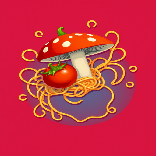 Create a vibrant illustration of a tomato and a mushroom with whimsical spaghetti noodles swirling around, captured with a DSLR camera at f/2.8 aperture, ISO 200, 50mm lens, top-down view, in a bright and colorful cartoon style.