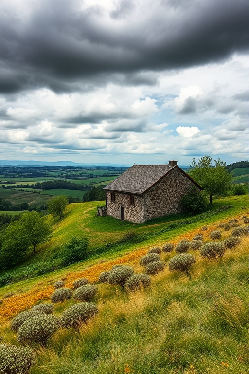 Landscape photograph of a rustic stone house surrounded by greenery and fields under a cloudy sky, captured with a Canon EOS 5D Mark IV, 50mm lens, f/8 aperture, ISO 100, with a wide-angle view and natural lighting for enhanced image quality.