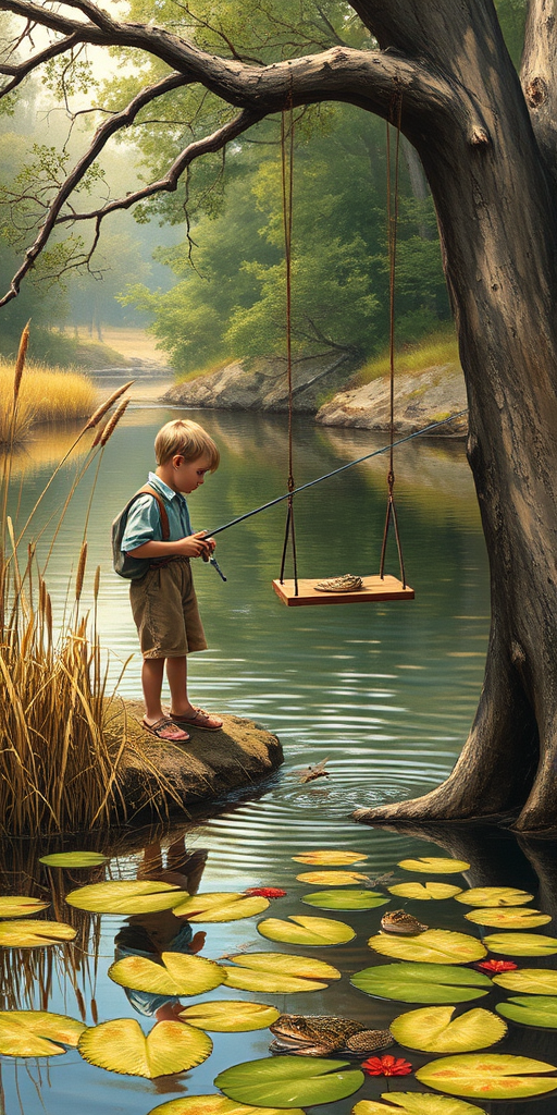 Imagine a small group of old fashioned young boys out fishing by the creek, a swing hanging from a tree branch, reeds and grasses by the water's edge, a frog sitting on a lily pad, dragonflies hovering over som water plans, a very iconic old fashioned scene reminiscent of a Norman Rockwell painting style