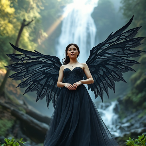 Create a fantasy-themed image of a young woman with large, intricate black wings standing in a mystical forest setting with a waterfall in the background, wearing a flowing, ethereal gown; use a Canon EOS R5, 85mm lens, f/1.4 aperture, ISO 100, natural soft lighting, and a low-angle shot to emphasize the grandeur of the scene.