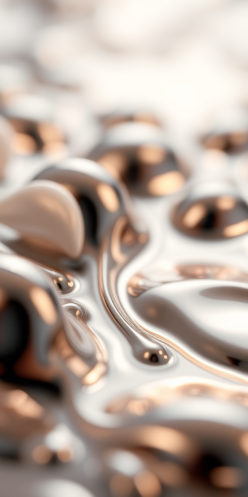 Create an abstract image featuring liquid metallic shapes with reflections and refractions, captured in high resolution with a Canon EOS R5, 50mm lens, aperture set to f/1.8, ISO 100, shutter speed 1/250s, shot in a close-up view to enhance detail and texture, using a soft focus background for depth.