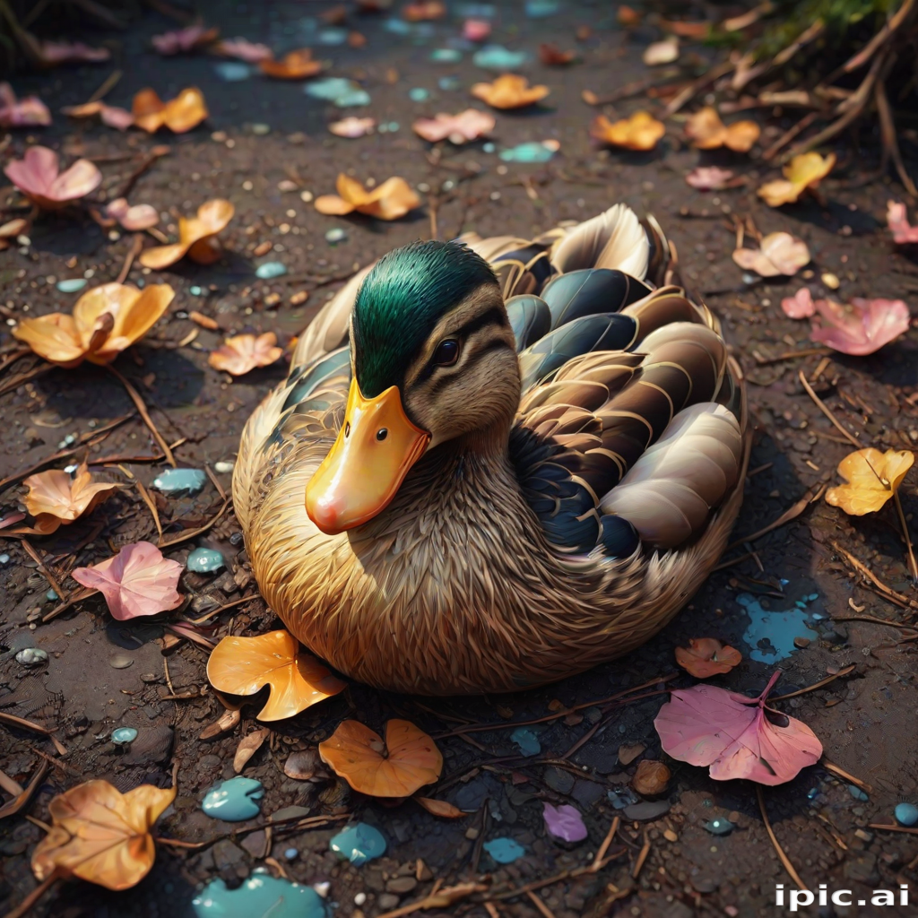 Stunning image of a cute adorable tired looking wacky duck laying flat on the ground, no emotions, moody, grainy, noisy, concept art, by Alberto Seveso, Cyril Rolando, Dan Mumford, Meaningful Visual Art, Detailed Painting, Digital Illustration,
