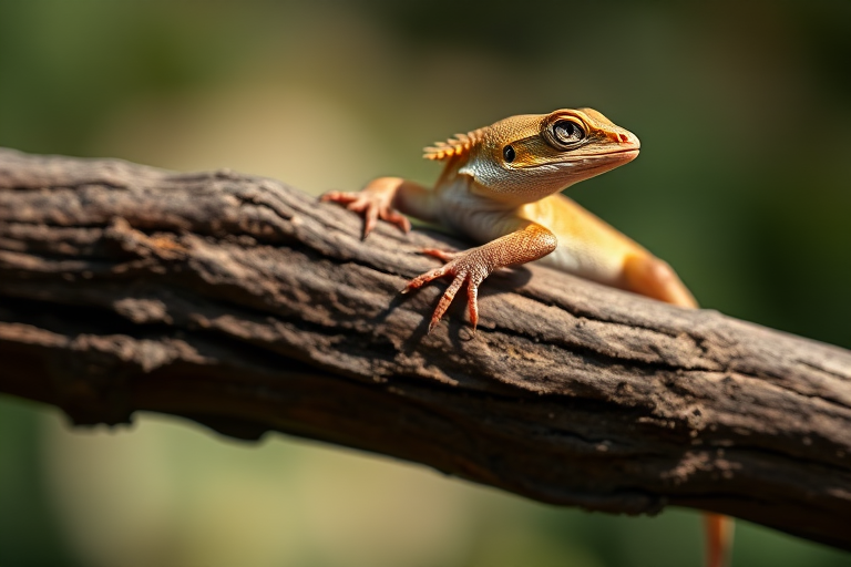 A close-up of a lizard perched on a textured wooden branch, sharp focus, natural lighting, macro lens, aperture f/2.8, ISO 200, shutter speed 1/250s, DSLR camera, with a blurred background for depth.