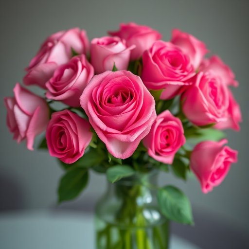 A vibrant bouquet of pink roses in a decorative glass vase, soft lighting, shallow depth of field, 50mm lens, f/1.8 aperture, ISO 100, natural light, macro photography style, taken with a DSLR camera.