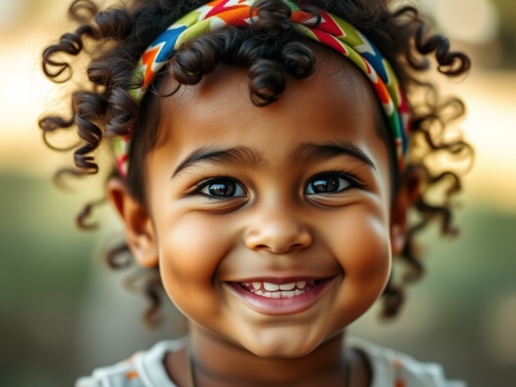Portrait of a smiling young child with curly hair wearing a colorful headband, soft focus background, natural light, 85mm lens, f/1.8 aperture, ISO 100, shallow depth of field, high dynamic range.