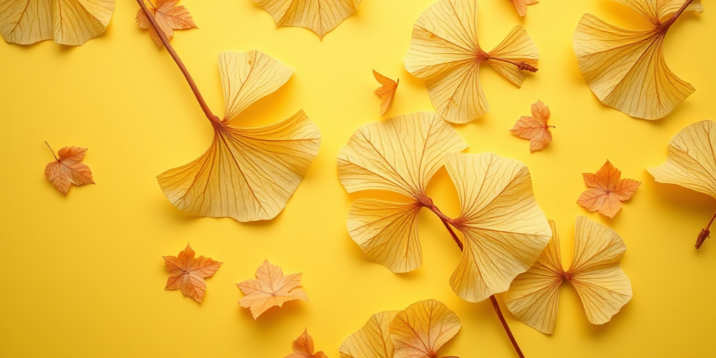 Create a high-resolution image of a soft yellow background with delicate ginkgo leaves scattered across it, using a macro lens with an aperture of f/2.8, at a focal length of 100mm, taken in natural light from a top-down view to enhance details and texture.