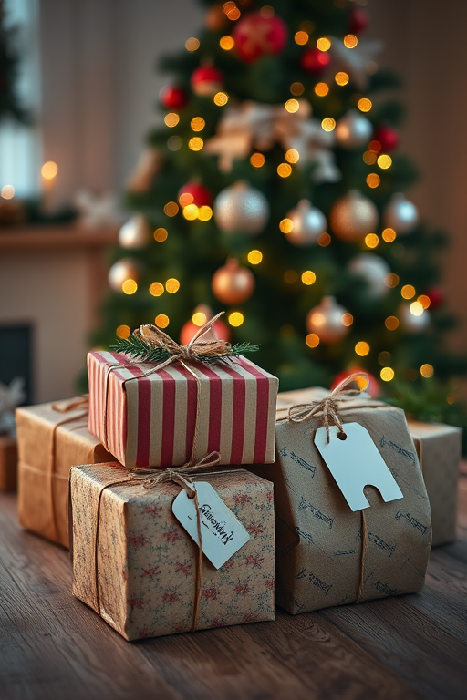 Create an image of beautifully wrapped Christmas presents with twine and tags, placed on a rustic wooden table. In the background, there is a softly lit Christmas tree adorned with warm lights and festive decorations, creating a cozy holiday atmosphere.