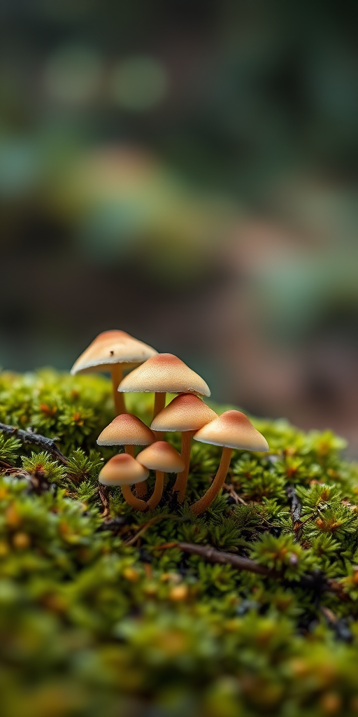 mushrooms growing on moss in a forest setting, soft focus background, macro shot, aperture f/4, shutter speed 1/250s, ISO 100, DSLR camera, natural lighting, shallow depth of field