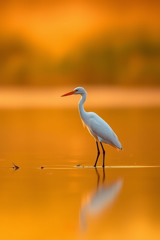 A solitary white heron standing gracefully in calm waters during golden hour, with soft reflections and a blurred background, photographed with a DSLR camera, 85mm lens, f/2.8 aperture, ISO 200, and a shutter speed of 1/500 seconds for high image quality.
