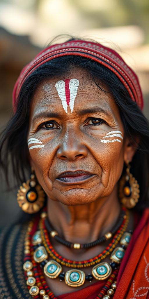 portrait of an indigenous woman with traditional face paint and jewelry, natural lighting, 50mm lens, f/1.8 aperture, ISO 100, shallow depth of field, captured with a DSLR camera