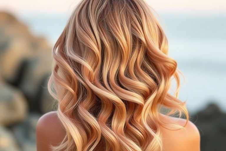 Soft rose gold waves cascading down to the mid-back, styled in loose beach curls with subtle hints of peach and champagne tones, creating a romantic and sun-kissed glow named Blush Sunset