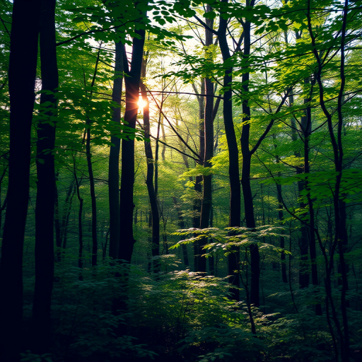 Generate a high-resolution image of a lush forest with vibrant green foliage and soft sunlight filtering through the trees, using a DSLR camera, 50mm lens, aperture f/2.8, ISO 200, with a shallow depth of field and a slightly elevated perspective.