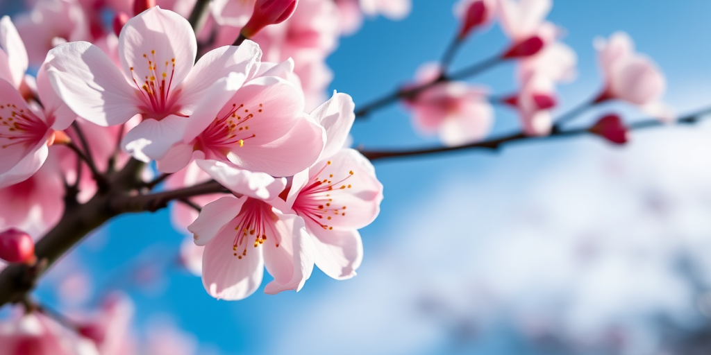 Close-up of cherry blossom flowers against a clear blue sky, aperture f/2.8, shutter speed 1/500s, ISO 100, macro lens, natural light, DSLR camera.