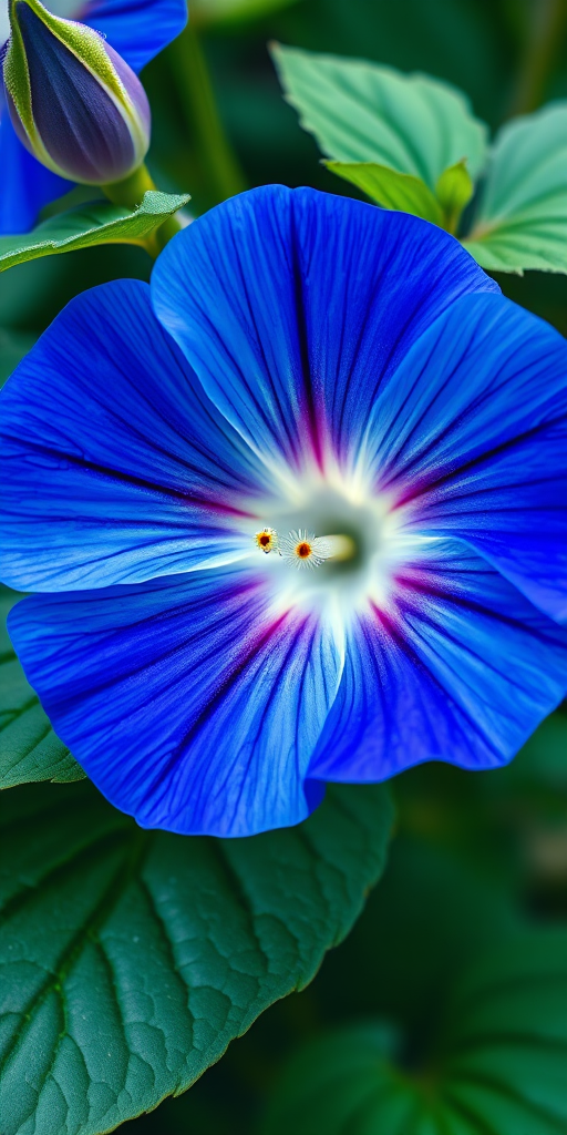Create a high-resolution illustration of a blue morning glory flower with detailed leaves, shot using a macro lens at f/2.8, with a focus on vibrant colors and texture, utilizing a DSLR camera placed at eye level for a clear and sharp composition.