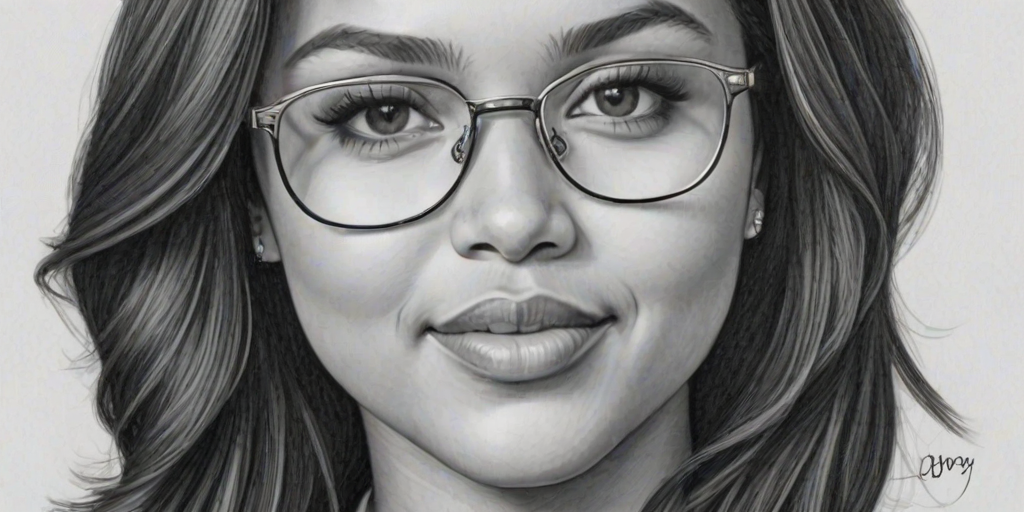 Exquisite Ayesha Curry, pencil sketch, portrait of Pleasing woman 1961s in glasses, hair style beatnik, outline, clear lines, fine lines, 8k