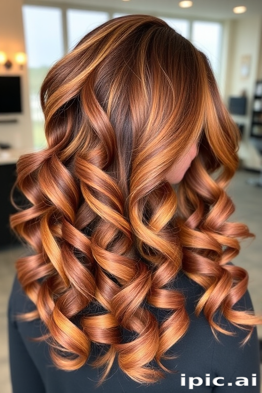 Chocolate brown to caramel ombre styled in voluminous, bouncy curls by "Sweet Spirals" hair studio, featuring a deep side part and cascading ringlets that create a lush, full-bodied look, with golden honey highlights strategically placed to enhance the natural curl pattern.