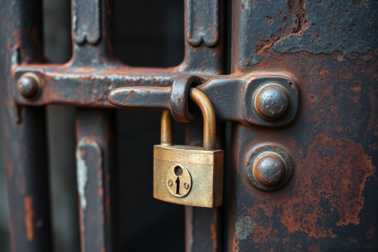 Close-up of an old, rusty metal gate with a padlock and detailed texture, captured at f/8, 1/125s, ISO 100, using a macro lens, natural light for enhanced clarity and color vibrancy.