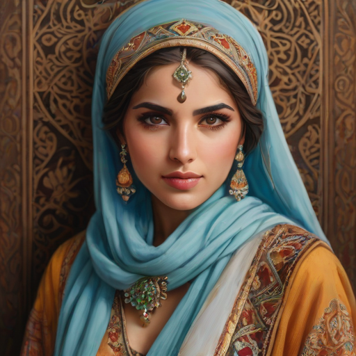 Create a portrait of a beautiful Middle Eastern woman with striking brown eyes and a gentle expression. She is adorned in traditional attire with intricate patterns, including a richly embroidered headscarf and matching garments. Her jewelry includes a delicate headpiece, dangling earrings, and ornate bracelets, all featuring vibrant gemstones and detailed metalwork. The background is soft and warm, enhancing the rich colors of her outfit and jewelry.