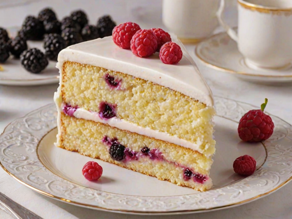 Create an image of a slice of lemon berry cake served on an ornate white plate. The cake should have distinct layers of yellow lemon cream and berry filling, garnished with fresh blackberries and a lemon slice on the side. The background should be a vibrant pink to enhance the presentation.