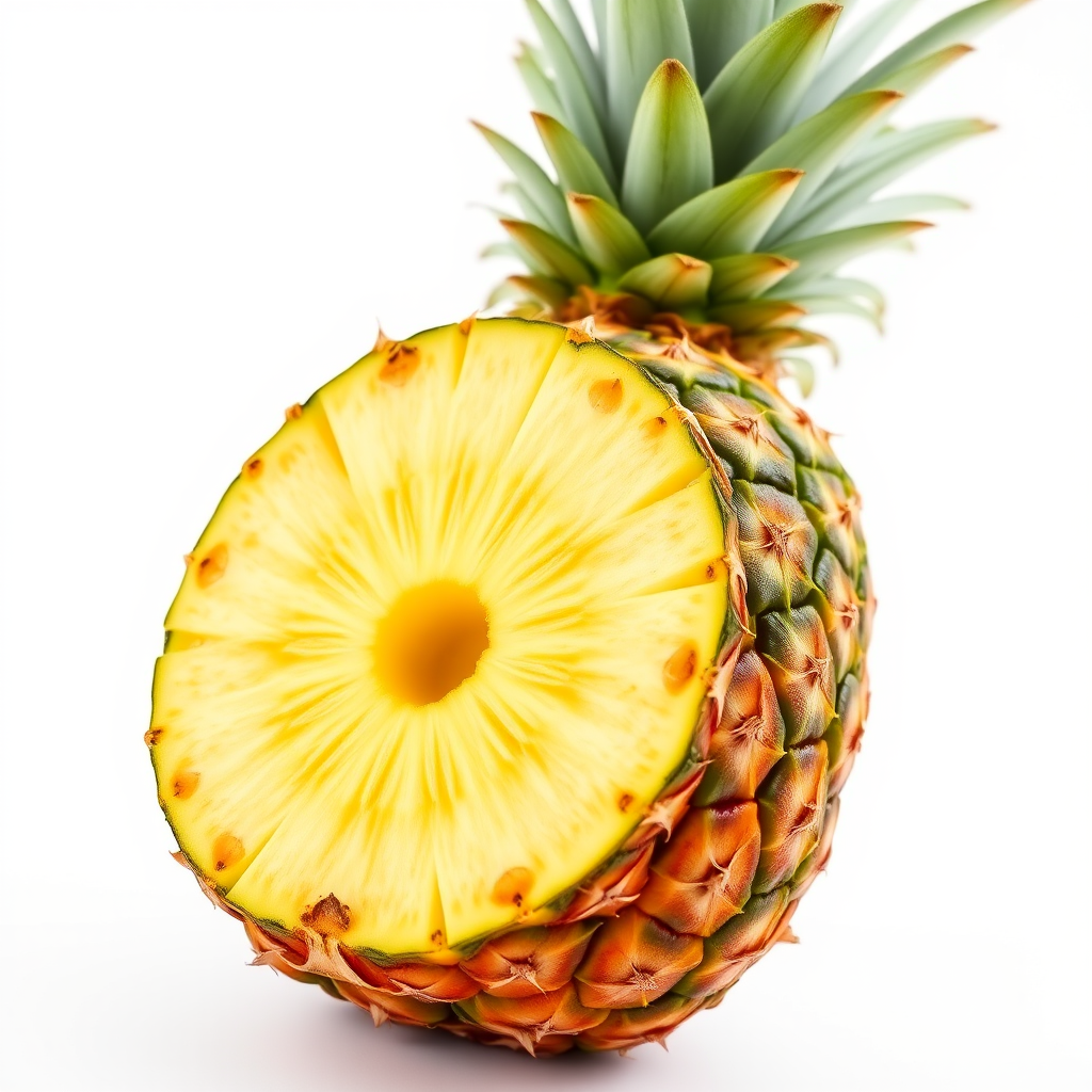 Create a high-resolution image of a fresh pineapple sliced into rings, using a DSLR camera with a 50mm lens, aperture set to f/2.8, ISO 100, and a clear white background to enhance color contrast.
