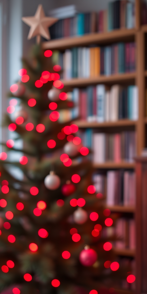 Create an image of a softly blurred Christmas tree in the foreground with vibrant red and pink lights. In the background, include a bookshelf filled with books, and ensure the setting has a warm, festive atmosphere. The focus should be on the bokeh effect of the lights while maintaining a hint of the surrounding environment.
