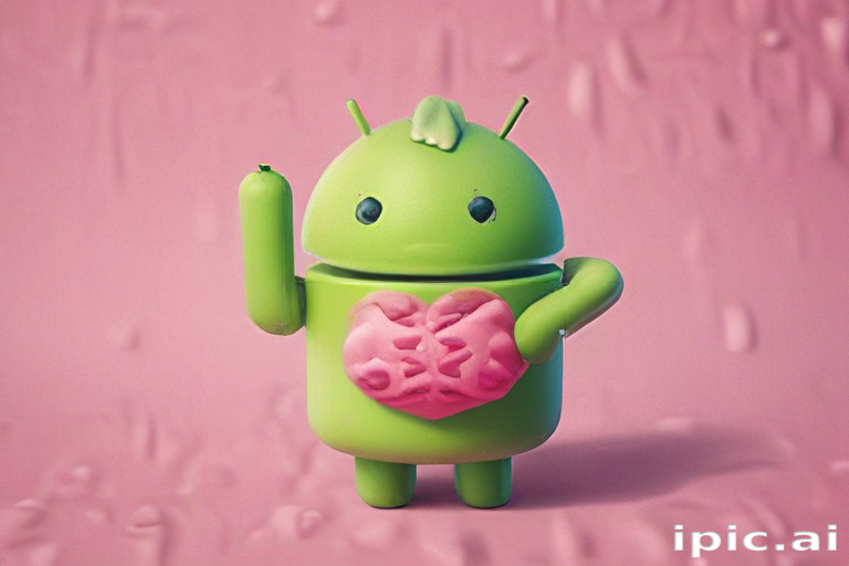 Cheerful Green Android Character Holding a Pink Heart Against a Soft ...