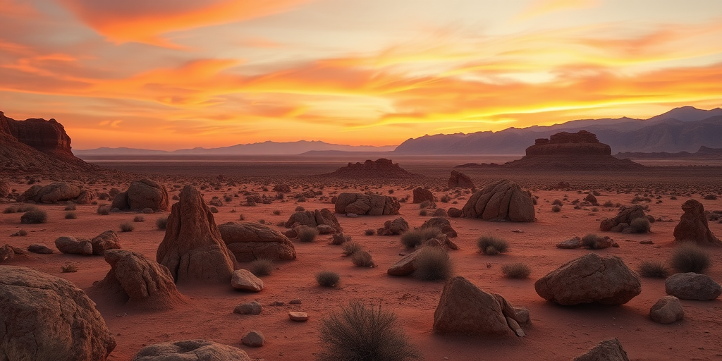 Generate a digital artwork of a desert landscape at sunset, featuring soft orange and pink hues in the sky, detailed rocky formations in the foreground, distant mountains with a smooth gradient, captured using a Canon EOS R5, 24mm lens, f/8 aperture, 1/200 sec shutter speed, and a slight vignette effect for depth.