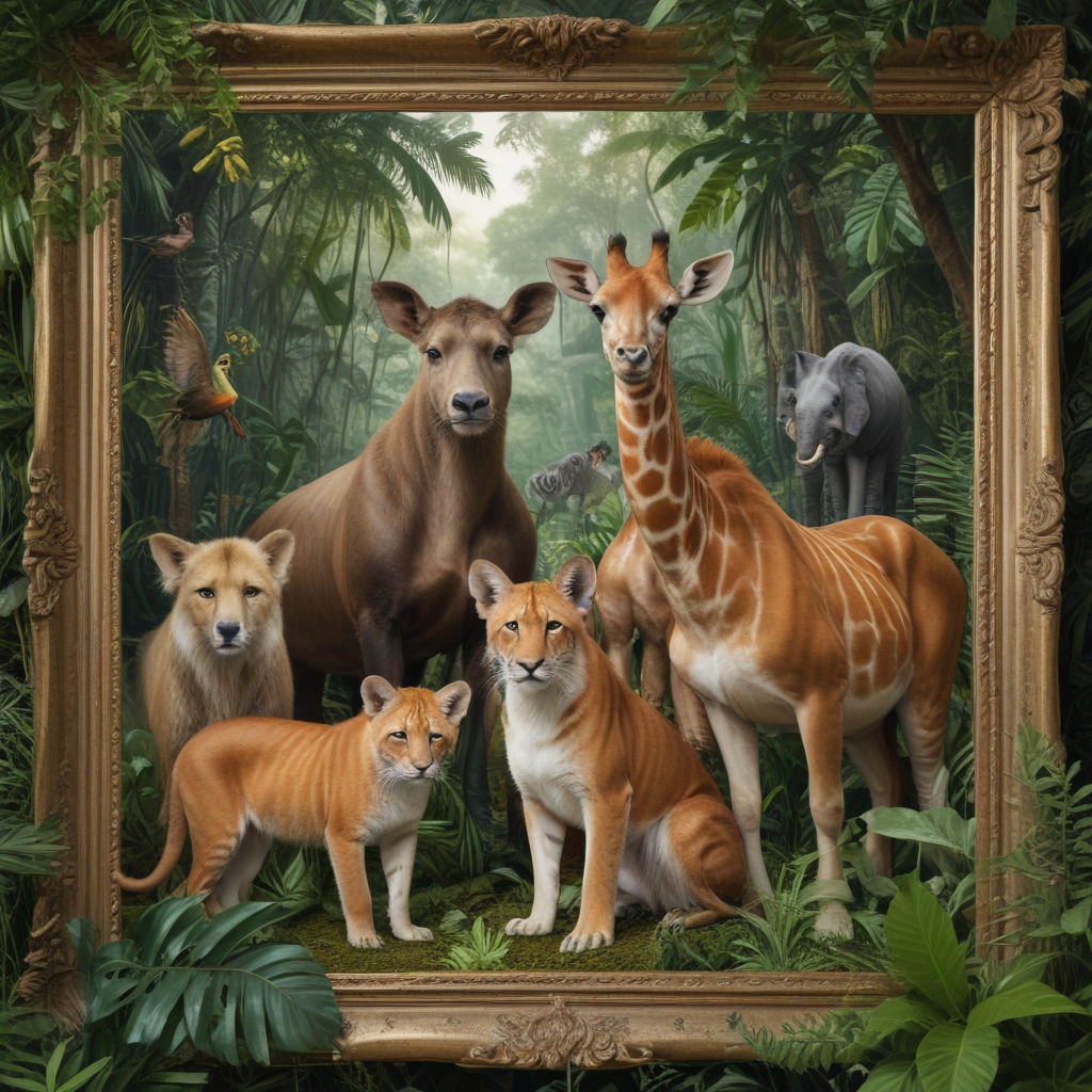 A Realistic group photo of animals in a jungle in a frame.