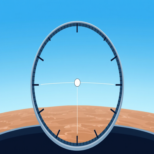 Create an illustration of an aircraft's artificial horizon gauge, featuring a blue sky above and brown earth below, with clear markings and a simplified design; use a Canon EOS R5 camera, set to f/8 aperture, ISO 100, 1/200 shutter speed, captured from a straight-on view, in high-resolution vector graphic style.